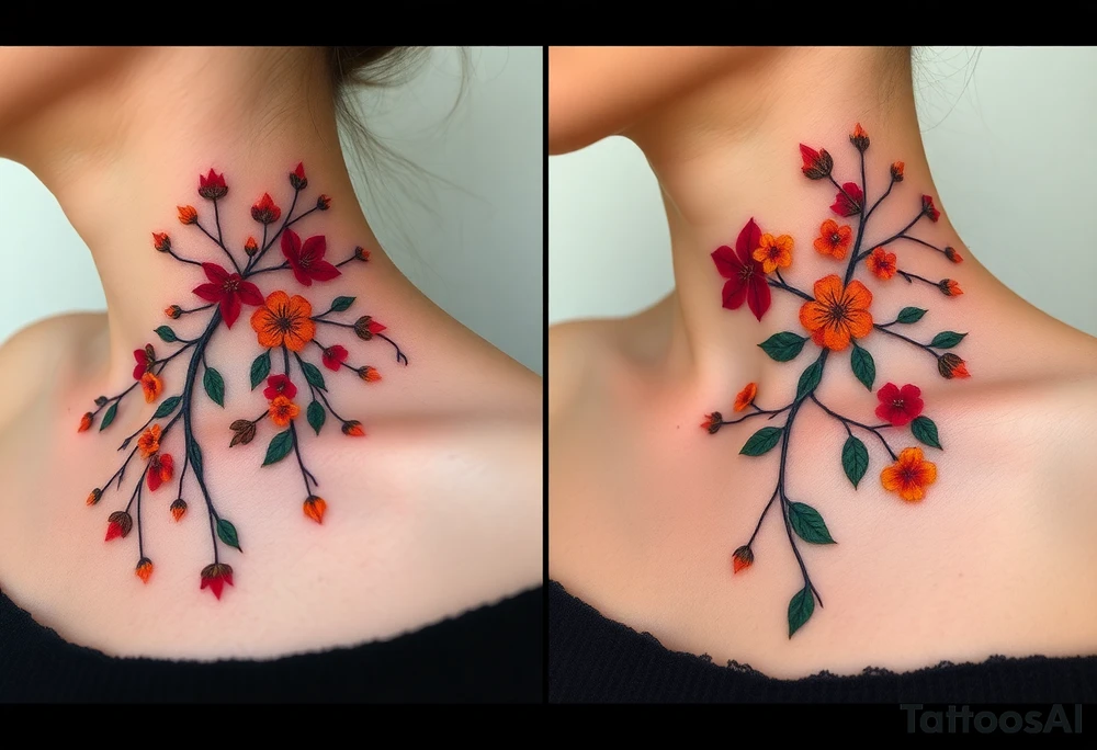 Two separate collarbone tattoos of long, stems and branches covered with red, orange, yellow and dark forest green leaves and flowers, academia, witchy, muted, delicate and gentle but moody, long and thin, following the collarbone. More muted, not so bright, darker colors. Fewer amount of leaves, larger leaves. Less flowers and leaves. tattoo idea