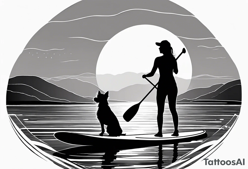 Silhouette of girl and little yorkie paddle boarding. Minimalist. Circle sun water one line tattoo idea