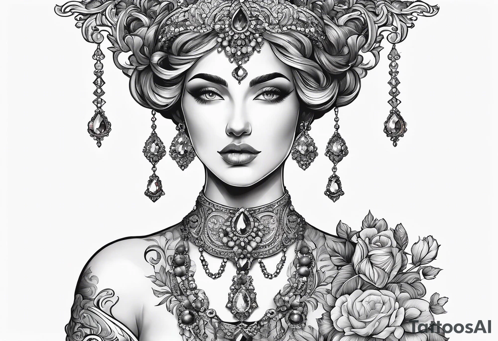 baroque vector on my neck going down & across my shoulders with a gem in the middle of my neck tattoo idea
