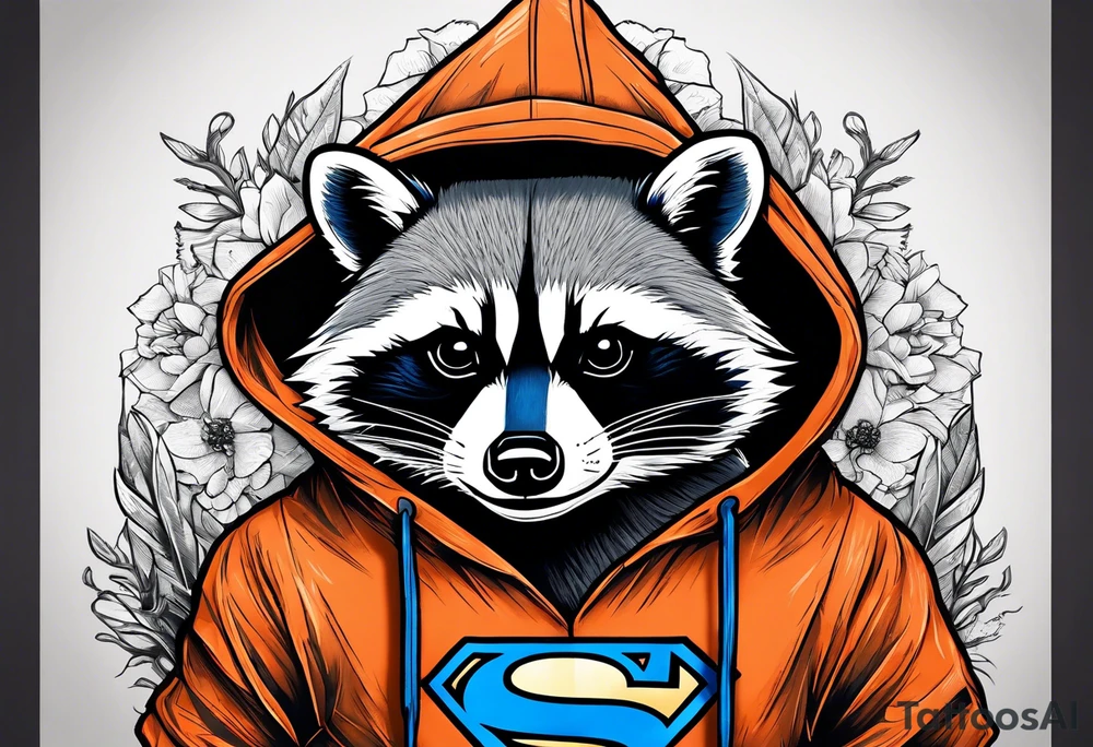 Raccoon wearing an orange Superman hoodie tattoo idea