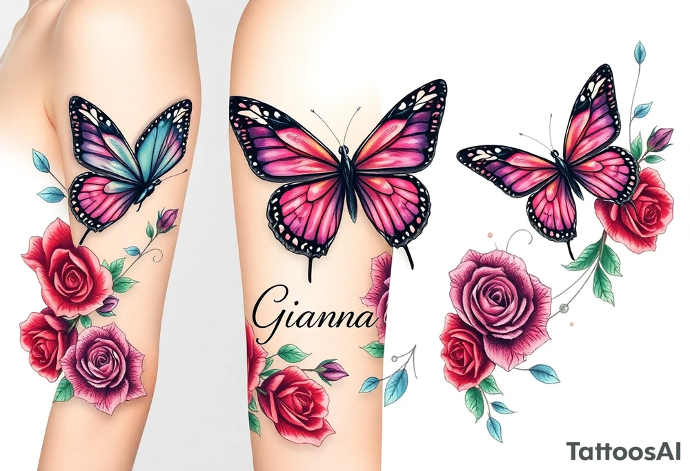 Beautiful butterflies surrounded by red purple, blue and green roses with the name Gianna tattoo idea