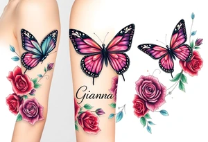 Beautiful butterflies surrounded by red purple, blue and green roses with the name Gianna tattoo idea