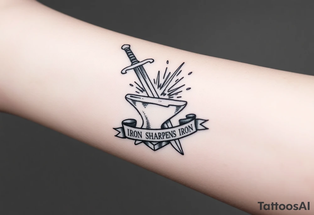 Black ink tattoo sketch of a sword striking an anvil with sparks flying. Banner wrapped around the sword reading “Iron Sharpens Iron.” Forearm tattoo design, bold outlines, no color, hand-drawn sketch style. tattoo idea