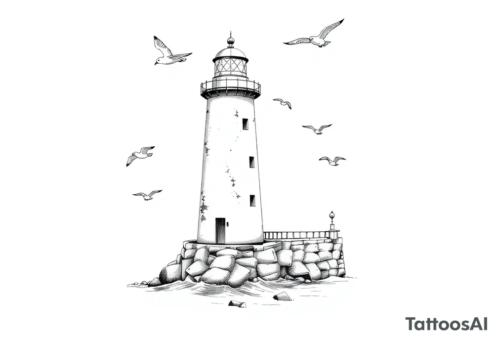 Lighthouse in the sea with jetty around flying seagulls tattoo idea