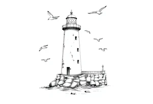 Lighthouse in the sea with jetty around flying seagulls tattoo idea