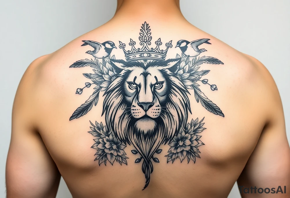powerful majestic lion with a crown, surrounded by floral ornaments and birds tattoo idea