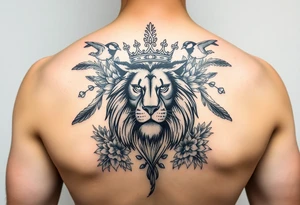 powerful majestic lion with a crown, surrounded by floral ornaments and birds tattoo idea