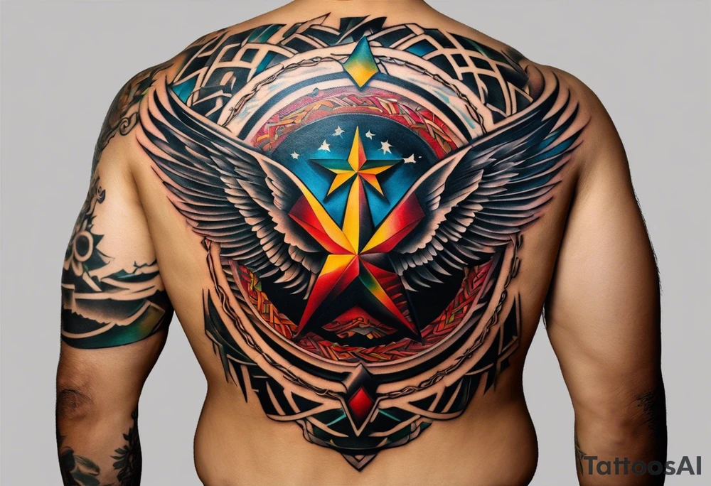 Wide tattoo that appears to be bursting out of the skin, symbolizing freedom. The tattoo should be vibrant and dynamic, with bold lines and colors that evoke a sense of liberation and empowerment. Consider incorporating elements such as broken chains, or other symbols of freedom. The tattoo should be visually striking and thought-provoking, inviting the viewer to reflect on the importance of personal freedom. tattoo idea