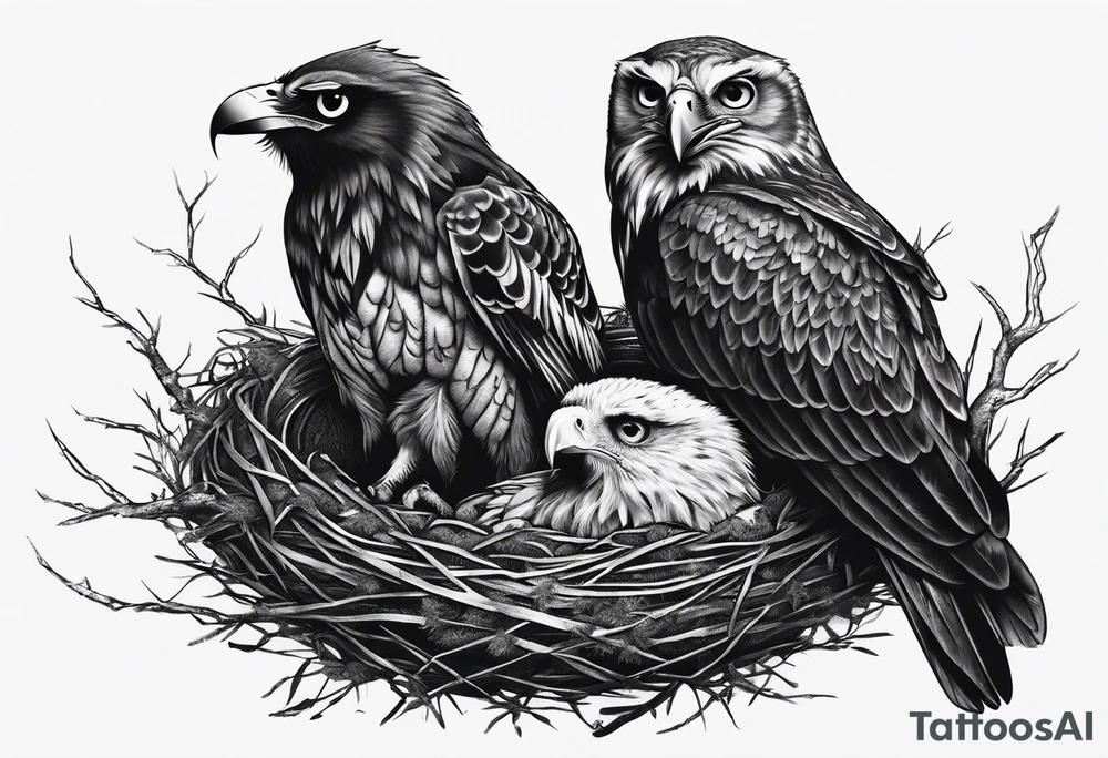 Owl, raven, eagle cuddled in a nest, looking down into the nest tattoo idea