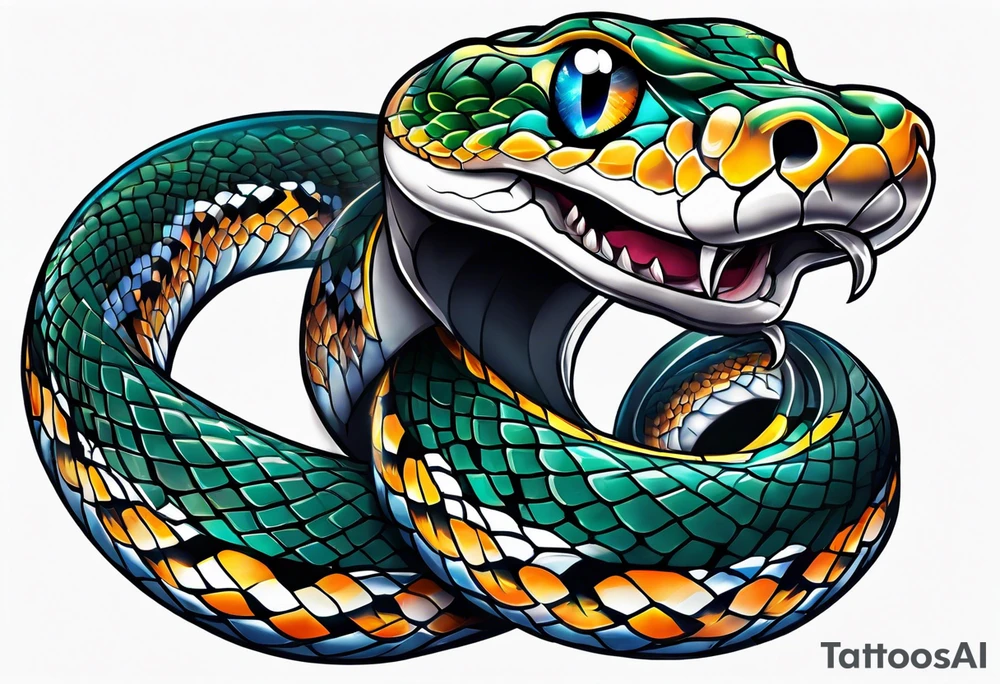 Snake with an evil eye in its mouth tattoo idea