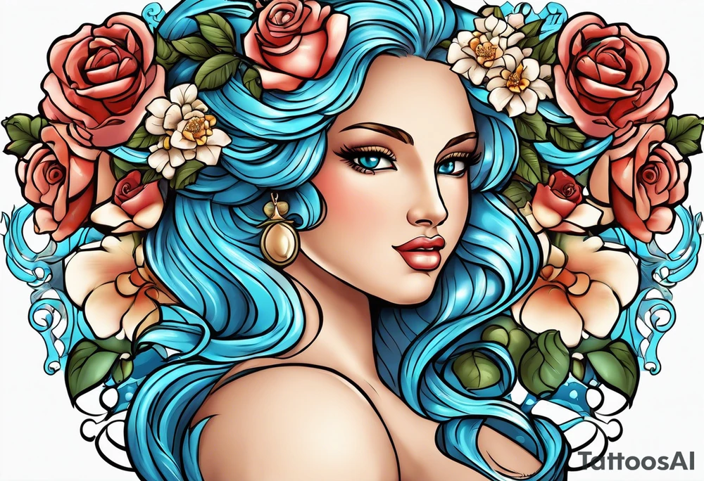 Portrait of Aphrodite: A face or full-length image of the goddess, often in a realistic style, perhaps decorated with flowers, seashells, or doves.rose, doves, shells and a mirror in his hand. background sea, blue roses frames,, romantic,background  fly boy wings and a bow, cupido tattoo idea