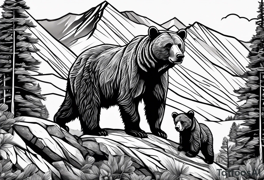 mamma bear and cub with mountains tattoo idea