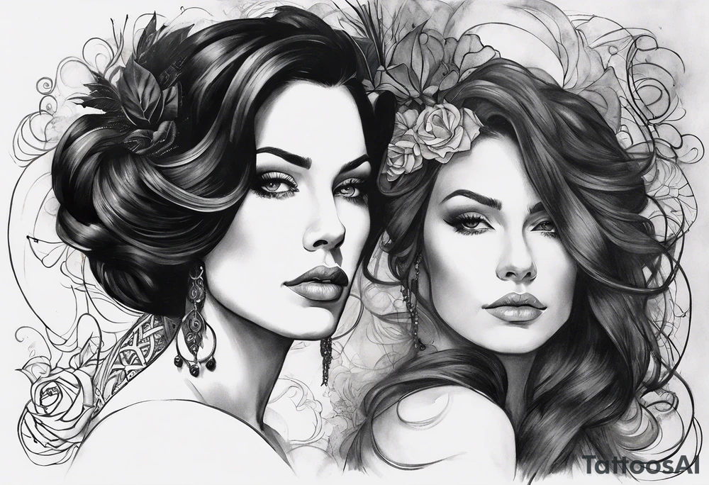 A white woman with dark hair and features. She will be posing sideways portrait style but looking head on. She needs to embody a modern queen. . And the outside of the tattoo can fade away with smoke. It’s for my outer shoulder so it’s about 20x7cm her hair should be down and loose and she can have 2-3 flowers in her hair. tattoo idea