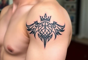 Basketball and basketball hoop with a crown, no wings tattoo idea