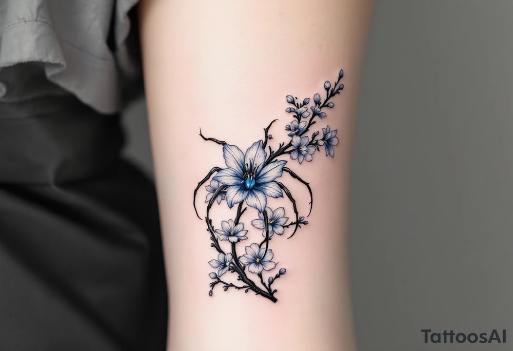 blue spider lily in black and white colours from the anime demon slayer and Cherry Blossoms wrapped around the arm tattoo idea