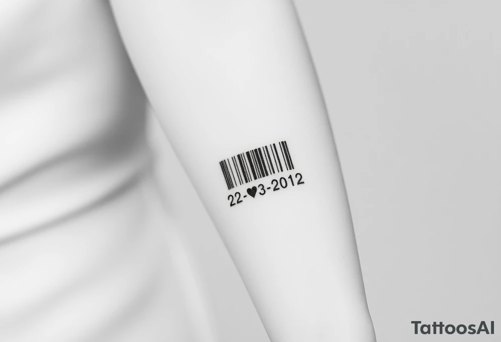 minimalist barcode with the couple’s wedding date (22 - 03 - 2012) hidden in the numbers under barcode with heart tattoo idea