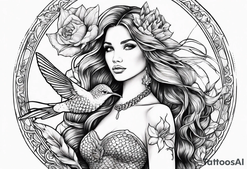 Mermaid holding hummingbird tattoo idea