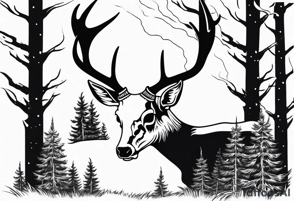 A side view of a dead deer skull surrounded by trees and fire tattoo idea