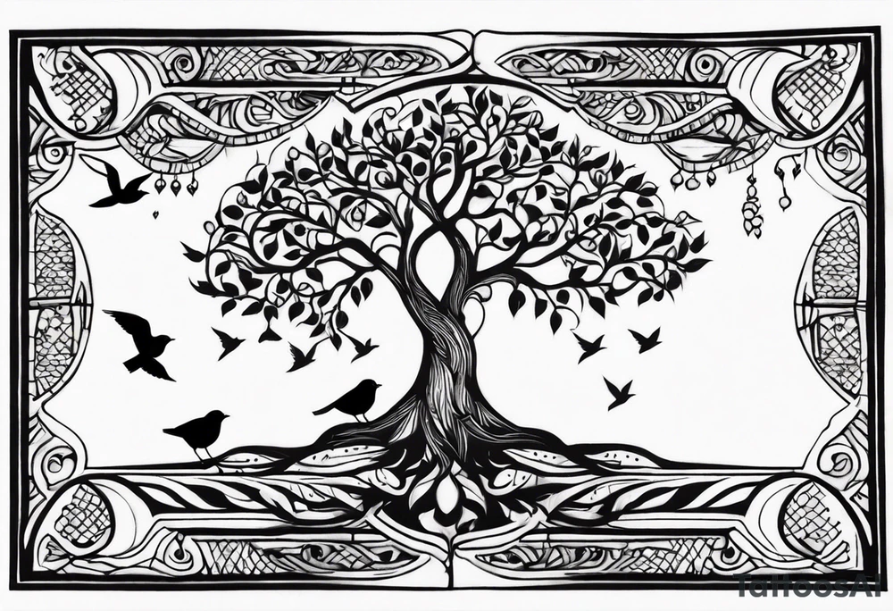 Tree of life with birds, birthdate tattoo idea