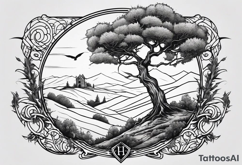 Hawthorne tree on hill, over a sword grave marker with a wilted thistle tattoo idea