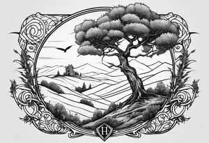 Hawthorne tree on hill, over a sword grave marker with a wilted thistle tattoo idea