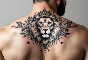 powerful majestic lion with a crown, surrounded by floral ornaments and birds tattoo idea