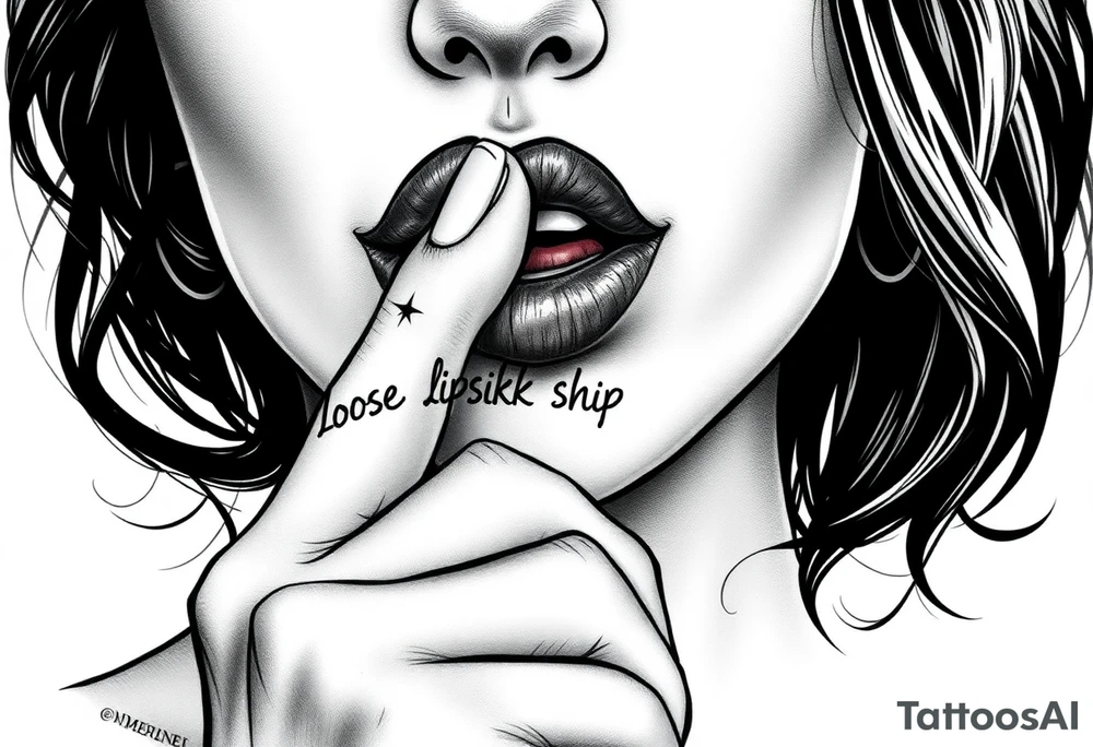 realistic portrait of sexualised woman with her finger to her lips. Must say on her finger: Loose lips sink ships tattoo idea