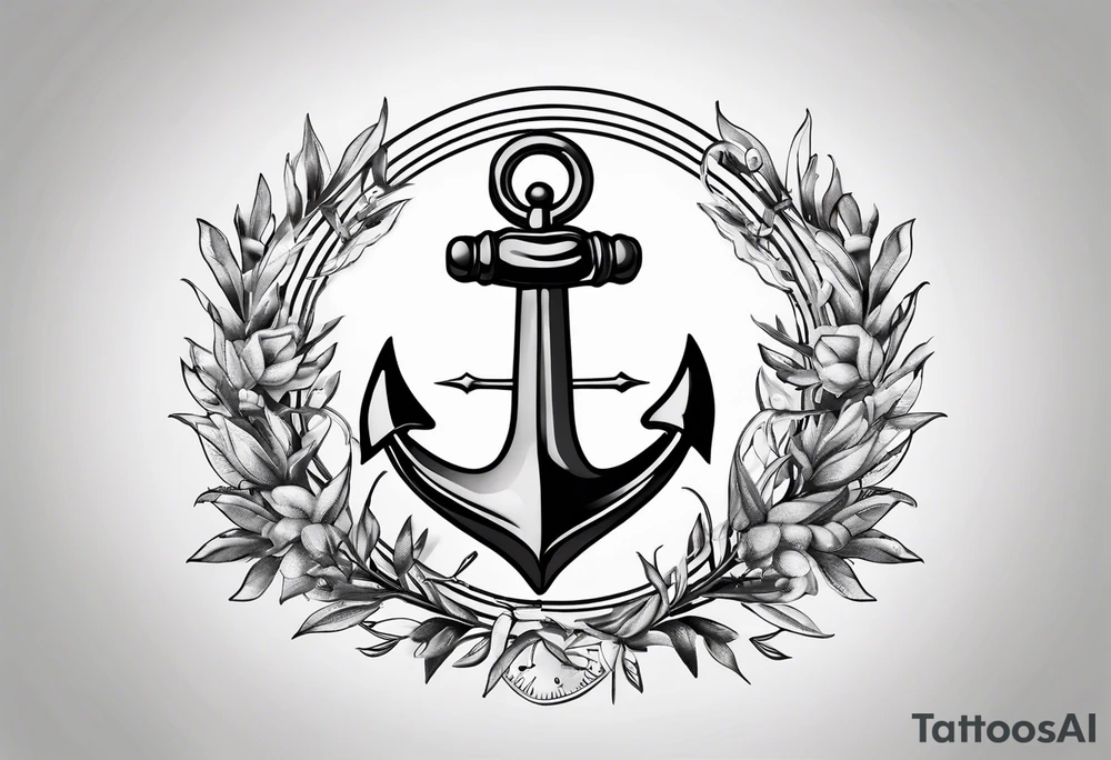 A selucid style anchor on top of a compass and a olive branch wreathe wrapped around the compass tattoo idea