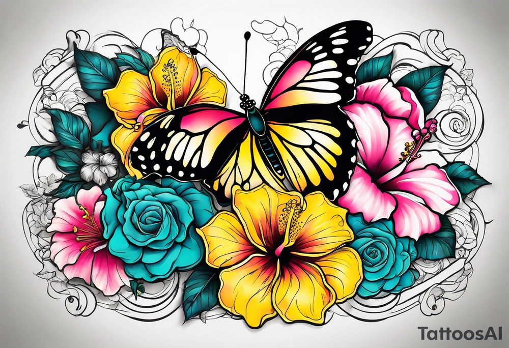 Butterfly, half flowers, hibiscus, roses, yellow, teal, pink tattoo idea