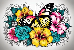 Butterfly, half flowers, hibiscus, roses, yellow, teal, pink tattoo idea
