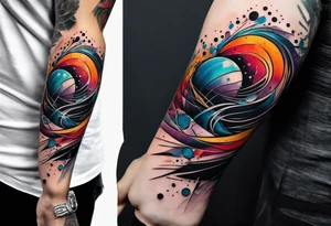 flowing abstract large forearm tattoo with lines, splatters, circles tattoo idea