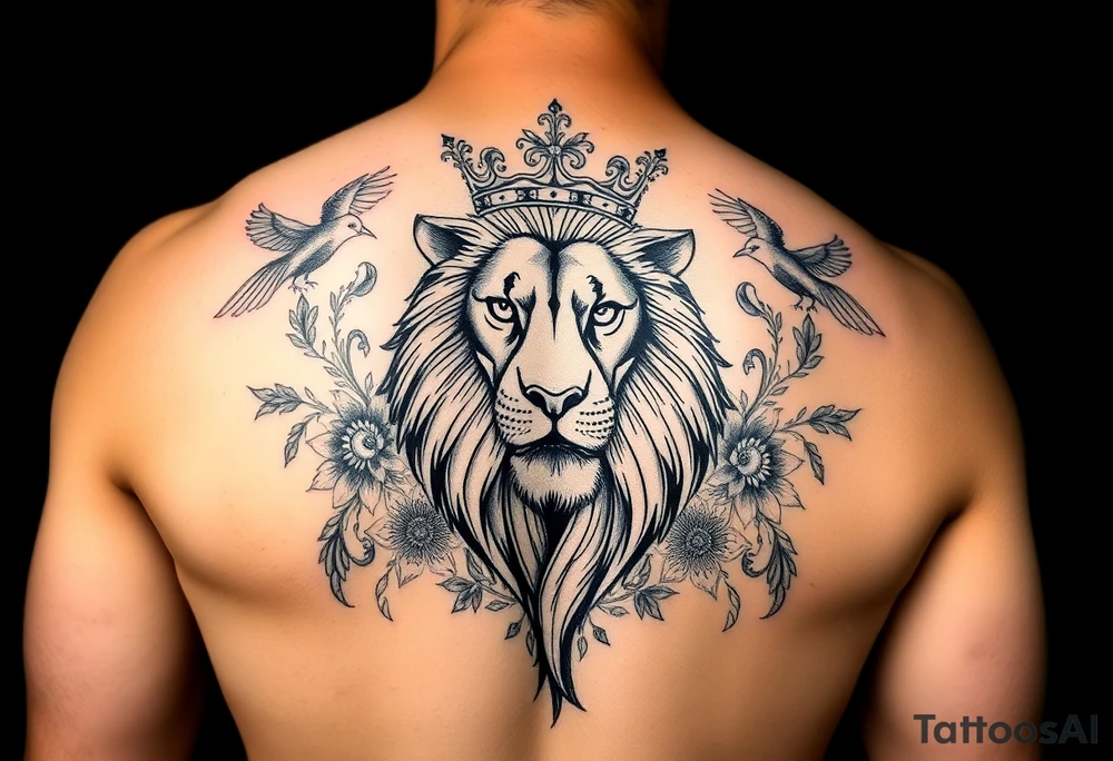powerful majestic lion with a crown, surrounded by floral ornaments and birds tattoo idea