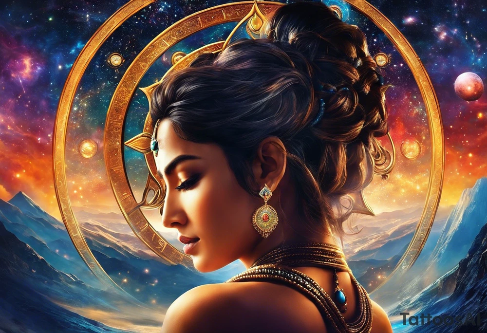 I want the sleeve to be about time space continuum, purpose, desire and ambition linked to it. I want the concept to me about how Miniscule we are in this universe but how we feel big and lose perspective and a sense of purpose. I also want Shiva to be added to the tattoo as shiva is considered the destroyer which scientifically goes back to big bang. SO create a tattoo for me in geometric design for my whole right arm tattoo idea