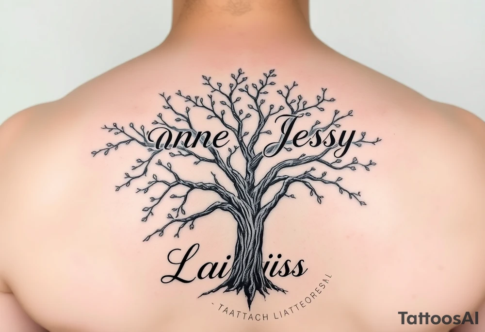 the name, Anne, Jessy
 on a live tree the name Larissa under the tree tattoo idea