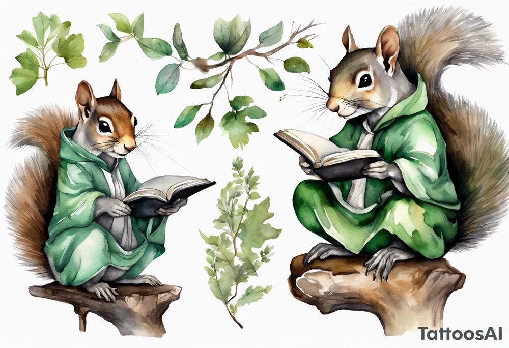 a female grey squirrel dressed in a grey and green tunic sitting on a tree branch reading an ancient tome tattoo idea