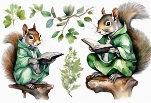 a female grey squirrel dressed in a grey and green tunic sitting on a tree branch reading an ancient tome tattoo idea