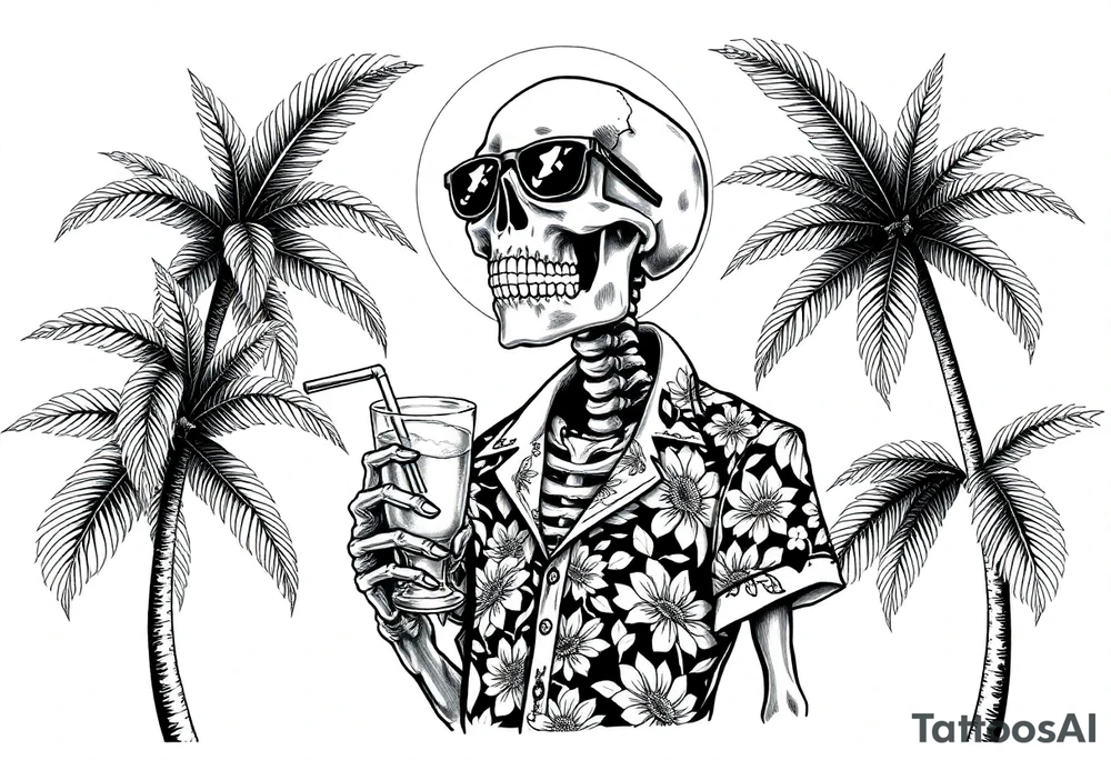 a skeleton in hawaiian shirt, palms, a cocktail,sun,sun-glasses,sea. tattoo idea