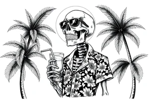 a skeleton in hawaiian shirt, palms, a cocktail,sun,sun-glasses,sea. tattoo idea