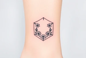 Faint Hexagon with astrological sign for Leo, larkspur and water lilies in the center tattoo idea