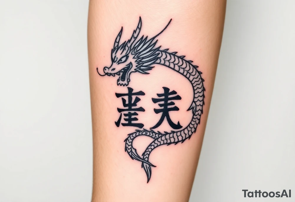 Chinese dragon with two kanjis in front tattoo idea