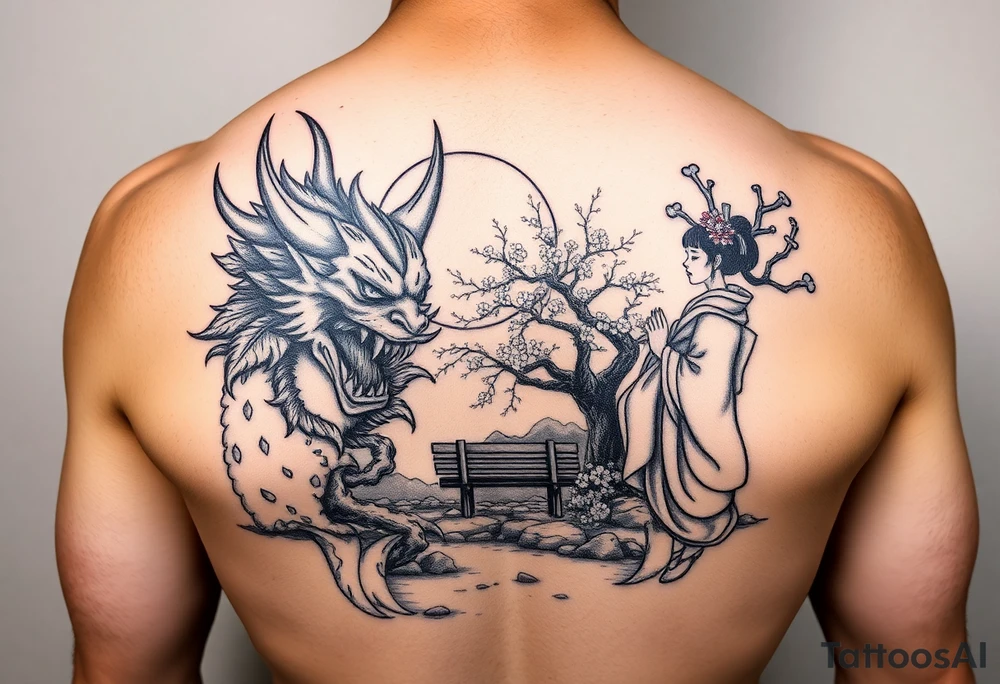 Fierce Japanese demon and geisha with cherry blossom tree river and stone bench tattoo idea