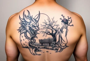 Fierce Japanese demon and geisha with cherry blossom tree river and stone bench tattoo idea