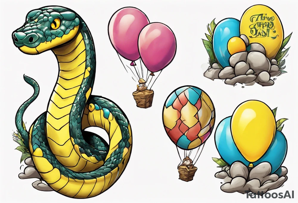 yellow python with colored ballons from movie up! aside and te-fiti stone on the other side tattoo idea