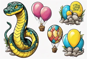 yellow python with colored ballons from movie up! aside and te-fiti stone on the other side tattoo idea