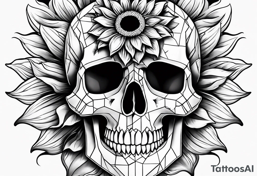 Sunflower, skull, puzzle pieces of face with skin tattoo idea
