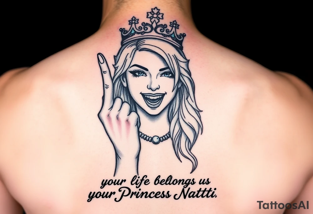 powerful blond findomme princess with crown on, holding up her middle finger laughing at you for being pathetic with caption “your life belongs to Princess Natti” tattoo idea