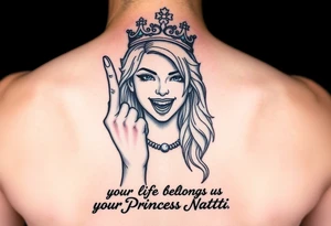 powerful blond findomme princess with crown on, holding up her middle finger laughing at you for being pathetic with caption “your life belongs to Princess Natti” tattoo idea