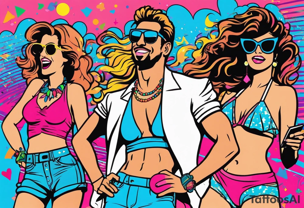 1980's miami vice style beach dance 
party, include confetti, music notes, boom box, bikinis tattoo idea