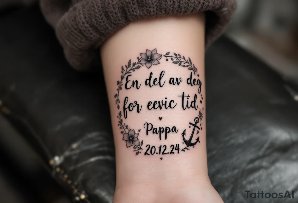 Make a quotes that says: En del av deg for evig tid. Pappa 20.12.24. Surround the quote with realistic gladiolius, notes, hearts and an anchor tattoo idea