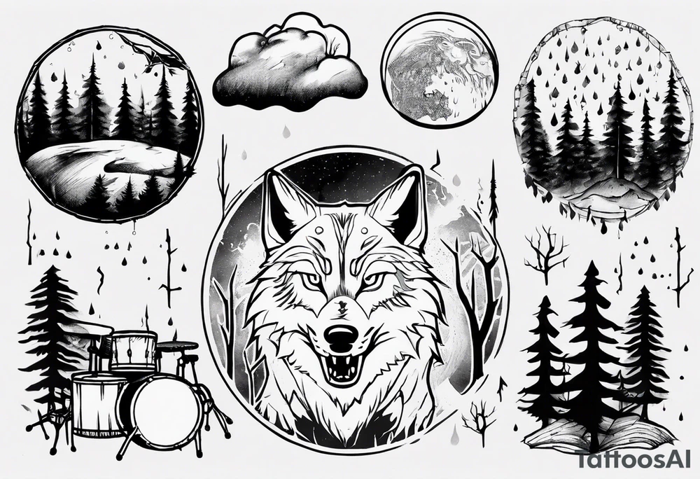 thunderstorm over a forest with a wolf howling on drums tattoo idea thunderstorm over a forest with a wolf howling on drums tattoo idea